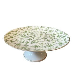 Grace Teaware Fine Porcelain Cake Stand Green & White Floral Butterflies NEW